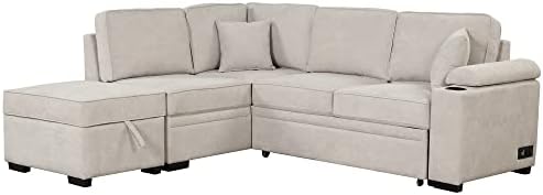 Merax L-Образна форма на Секционни диван-Канапе-легло с Пуфиком за съхранение на нещата и Шезлонг за Всекидневната, Малки