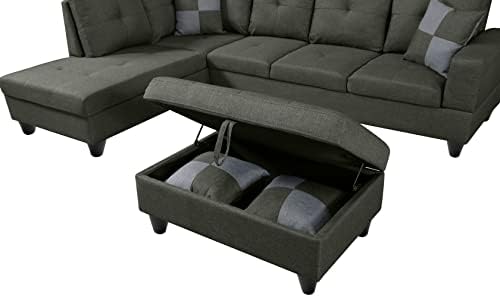Комплекти мебели за хола EMKK Секционни 3-Местен диван с разтегателен шезлонг, L-Образен диван, Табуретка за съхранение на
