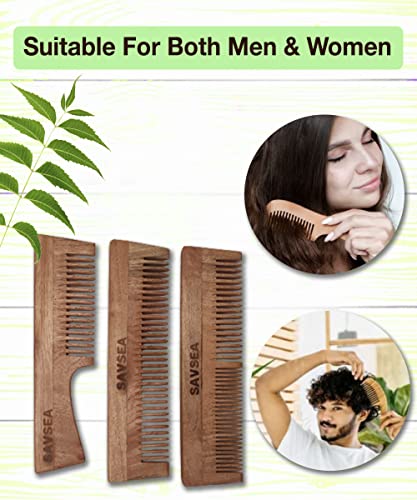 Дървена четка за коса Savsea Neem за мъже и жени в опаковка от 3 комбинирани и бамбук ушни притурки 240 броя (80 щеки x 3)