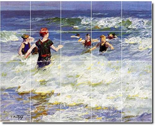 Стенни рисувани от керамични плочки -Edward Potthast Waterfront Живопис 145. 60 W x 48H (20) Плочки 12x12