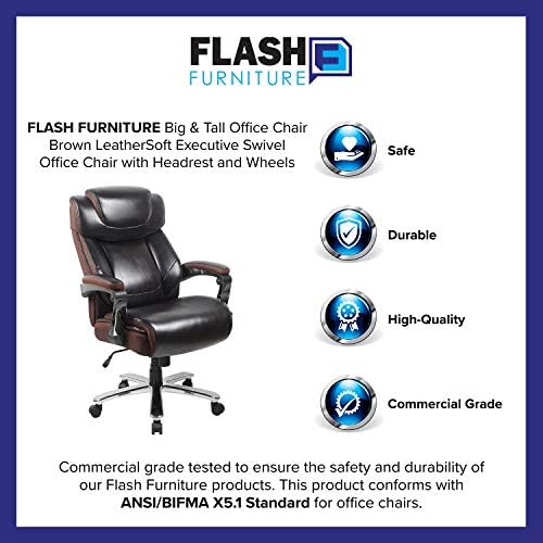 Офис стол Flash Furniture Big & Tall | Кафяви офис стол LeatherSoft за мениджъри с облегалката за глава и колела