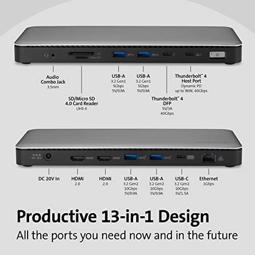 Докинг станция Kensington Thunderbolt 4, Двоен дисплей 4k / Един дисплей 8k, мощност 96 W, 2 порта HDMI 2.0, четец на SD-карти, macOS /