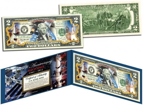 Човек в Космоса на 50-годишнината на НАСА, Двухдолларовая банкнота, Без да се прибягва, Специално издание, Коллекционный Титуляр за показване и сертификат