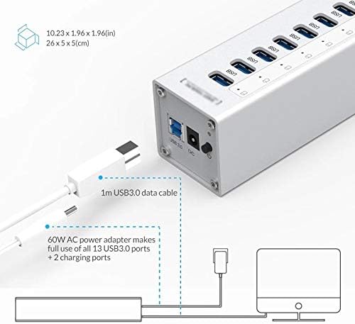 SHYPT Алуминиев 13-Портов Мулти USB3.0 Hub-Сплитер с Независим Източник на захранване 12V/5A 2 Порт за Зареждане