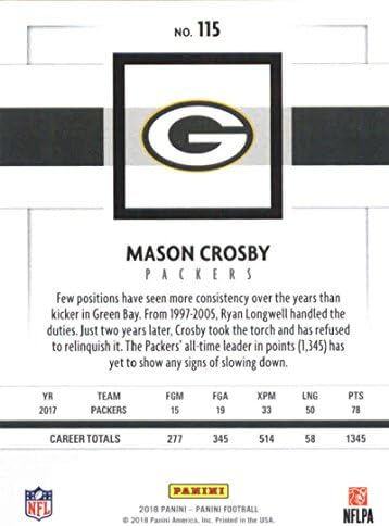 2018 Панини Футбол NFL 115 Официалната търговска картичка Мейсън Кросби Грийн Бей Пэкерс