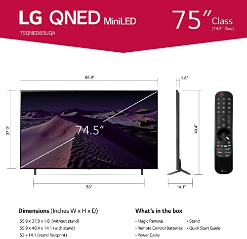 LG 75-инчов смарт телевизор клас QNED85 серия 4K Smart TV с вграден звук панел Алекса 75QNED85UQA S75Q 3.1.2 ch с поддръжка на Dolby Atmos