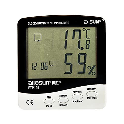 ALLOSUN Digital alarm clock Термогигрометр LCD Измерване на Температура и Влажност на въздуха с функция за съхранение на данни, Бял