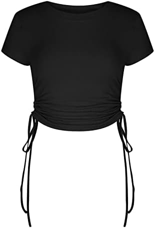 Плиссированный Хартиена торбичка с Къс Ръкав, Однотонная Блуза за Почивка, Тениска за Момичета, Блуза с деколте Лодка, Дамски BX
