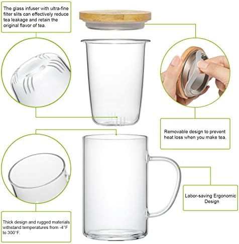 Стъклени чаши за заваряване на чай Lezero с Подвижна цедка и бамбук капак, Чаени Чаши Borosilicate стъкло за Разцъфнал чай и Хлабав Ламарина, чай, Безопасни за микровълнова ф