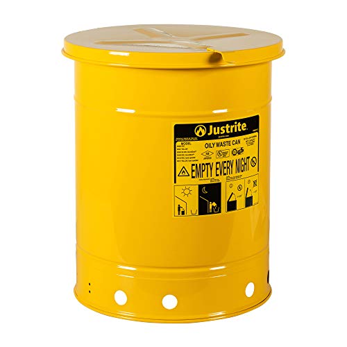 Justrite 09311 Сигурна банка за промасленных отпадъци от Поцинкована стомана с капак с Ръчно управление, с капацитет 10 Литра, жълт