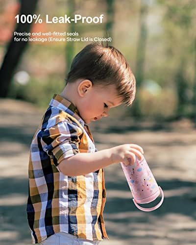 Бебешко Шише за вода със Сламен капак (2 капачки), Бутилка за вода с изолация BUZIO за деца, Вакуум Пътен Чаша с Двойни Стени без Бисфенол