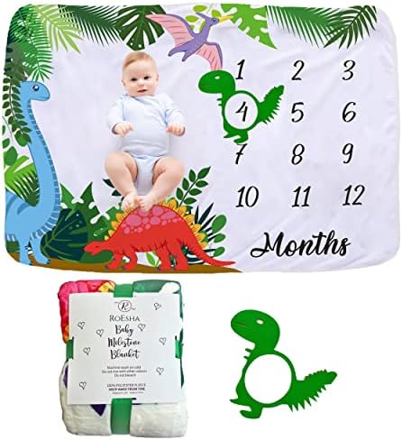 Одеало RoEsha Baby Monthly Milestone за момчета и момичета, Флисовое Одеяло 51x40 Инча с Динозавром на месец, Одеало с Таблицата на
