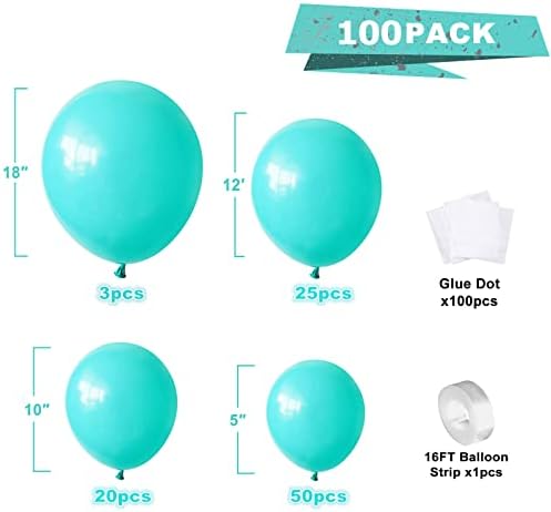 OLFANTAO Набор от Гирлянди от сини балони, 100 опаковки с Различни размери 18 12 10 5 Инча, Тюркоазени балони Тифани, Сини Латексови Балони