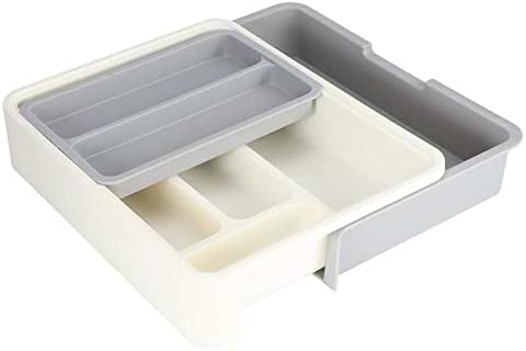 JAHH Органайзер за кухненски прибори с възможност за разширение, регулируема тава за съхранение на прибори за хранене, чист кутия,