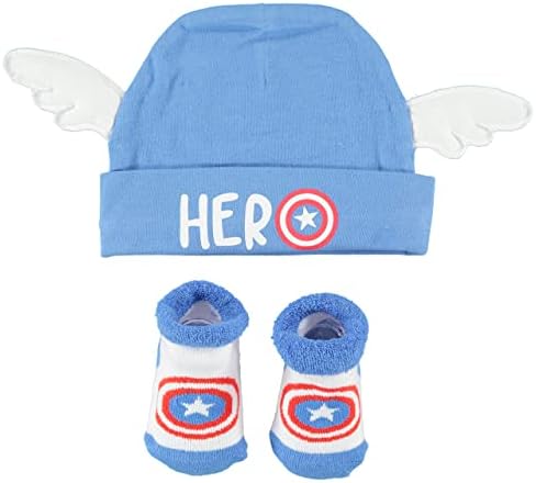 Комплект шапки и обувки Captain America за най-малките момчета - Детски Подаръчен комплект с детска шапочкой и детски чорапи (син / Червен / бял, 0-12 месеца)