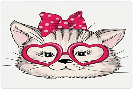 Foldout Подложка за котки и за храна и вода, Модерен Коте за момичета с Очила във формата на сърце и панделка за тийнейджъри, Правоъгълен
