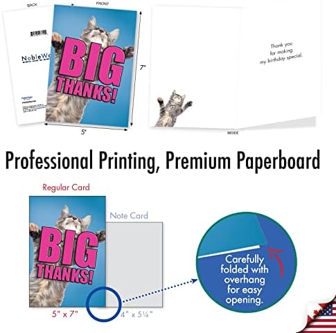 Хартиена картичка с Благодарност NobleWorks на рожден ден в плик с размер 5 х 7 инча (1 пощенска Картичка) Cat Big Thanks
