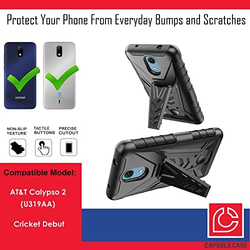 Калъф-капсула, която е съвместима за AT & T Calypso 2 (U319AA) Cricket Debut [Военен устойчив на удари калъф-поставка с клип за колан,