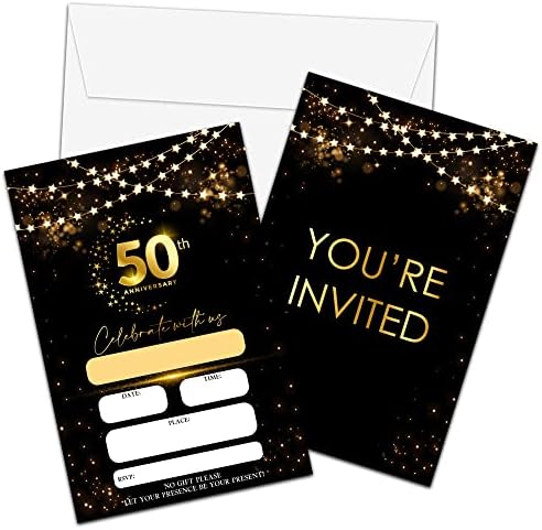 покани Картички на 50-годишнината Покани на Годишнина от Сватбата с Черни със Златни пайети в Пликове, Покани, Картички за попълване на Празнувайте с нас, Украса на В